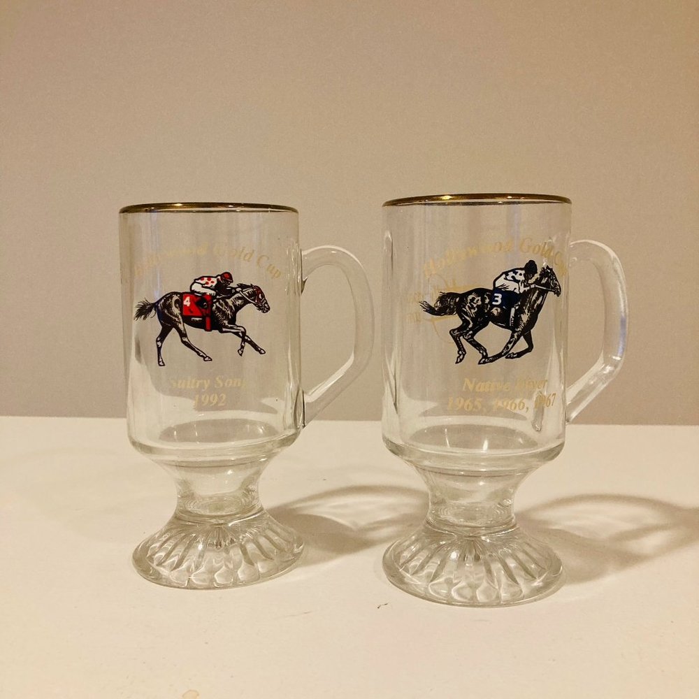 Rare Vintage Hollywood Park Gold Cup Clear Glass Mugs Sultry Song Native Diver